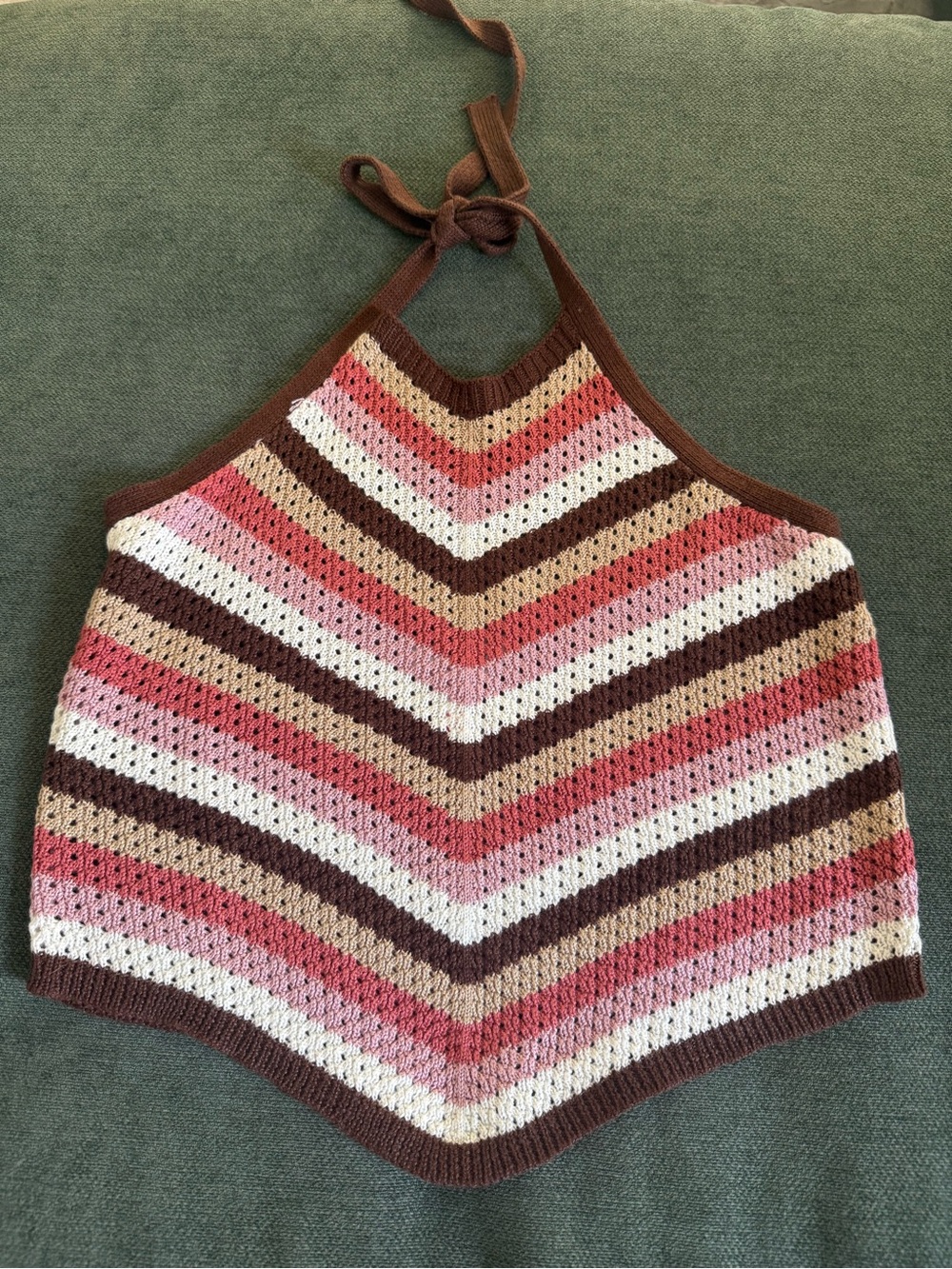 No Boundaries Chevron Crochet Halter Top in Pink, Brown & Cream
